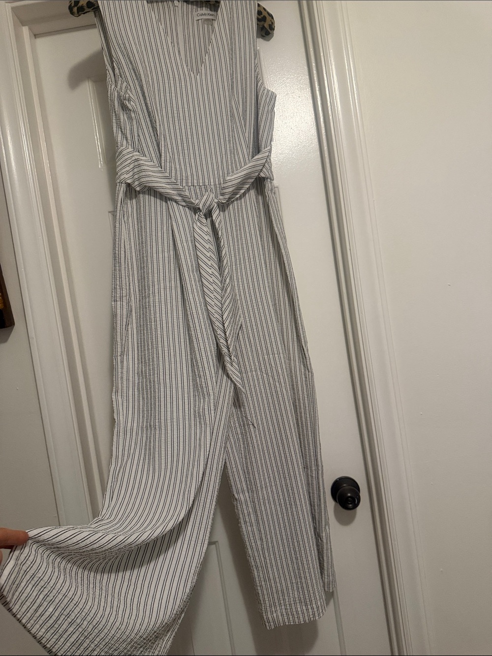 Calvin Klein White and Gray Striped Sleeveless Tie-Waist Jumpsuit